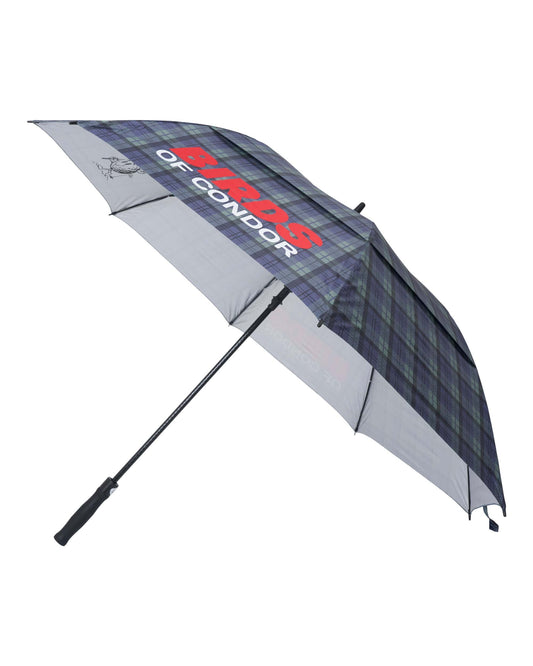 Blue and green plaid umbrella with a metal frame, black handle, and white and red text printed on the canopy.