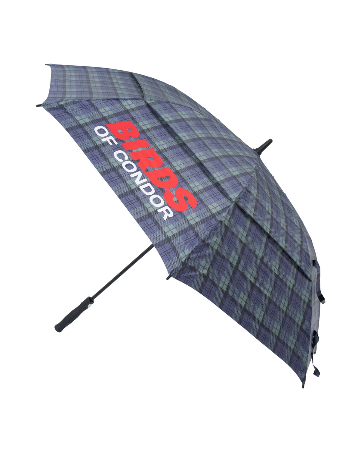 Blue and green plaid polyester umbrella with a red and white Birds of Condor logo design on top.