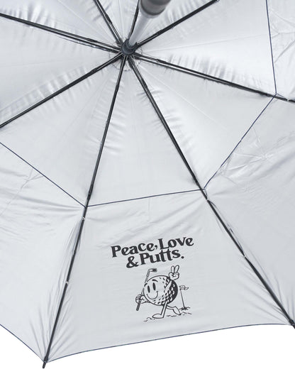 Detail of a fairwaycheck polyester umbrella featuring a metal frame and Peace Love & Putts inner panel print.