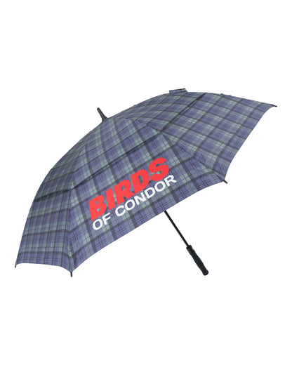 Blue and green plaid umbrella featuring a large red and white Birds of Condor graphic on the canopy.