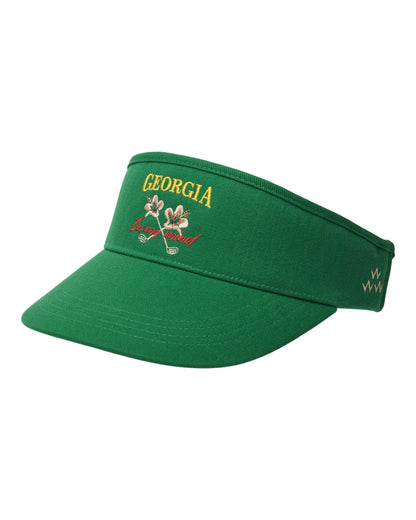 Masters green cotton twill visor with embroidered yellow Georgia text and crossed golf club logo.