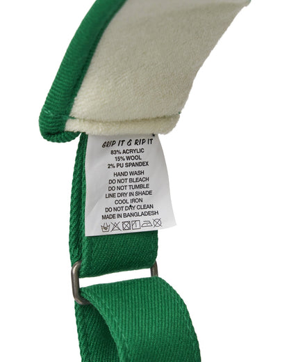 Detail of a Masters green tour visor with an inner woven tag and care label.