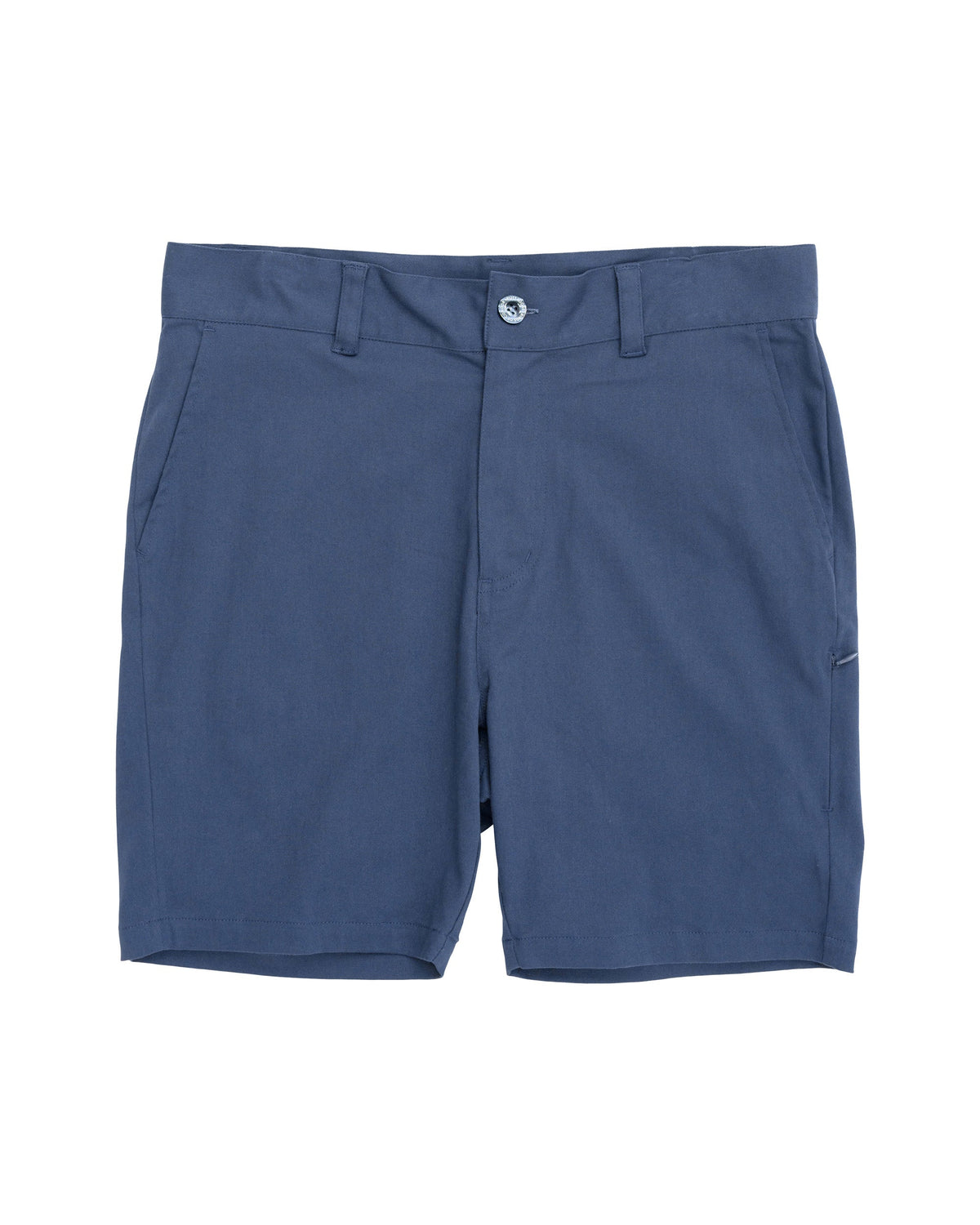 Front of light navy shorts featuring a fixed waistband, belt loops, and a single front button closure.