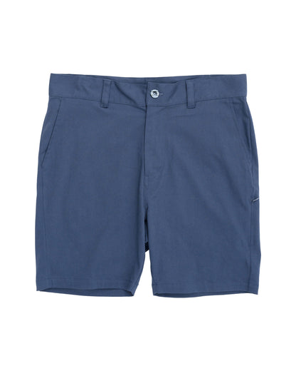 Front of light navy shorts featuring a fixed waistband, belt loops, and a single front button closure.