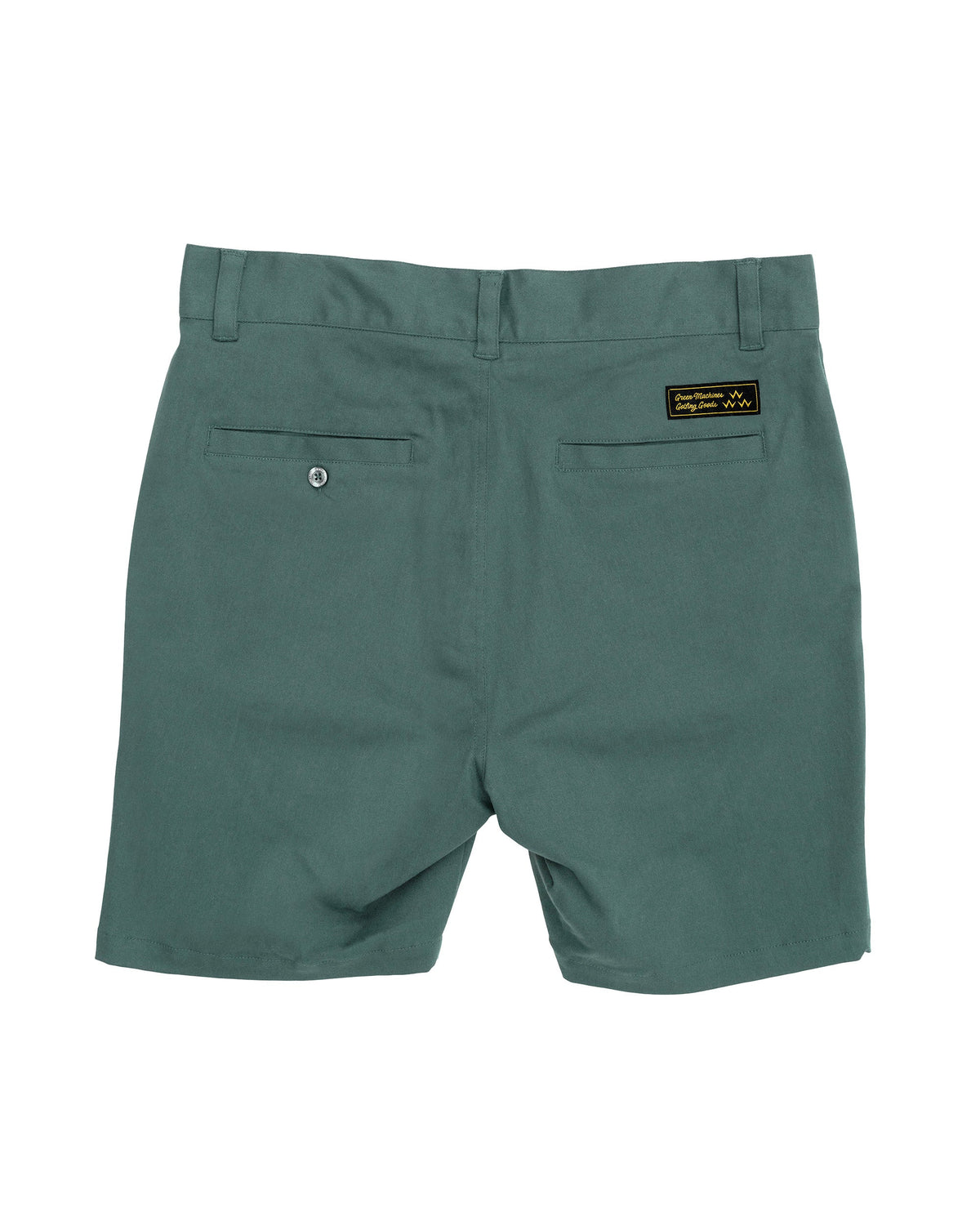 Back of khaki green walk shorts with belt loops, two rear welt pockets, and a rectangular brand logo.