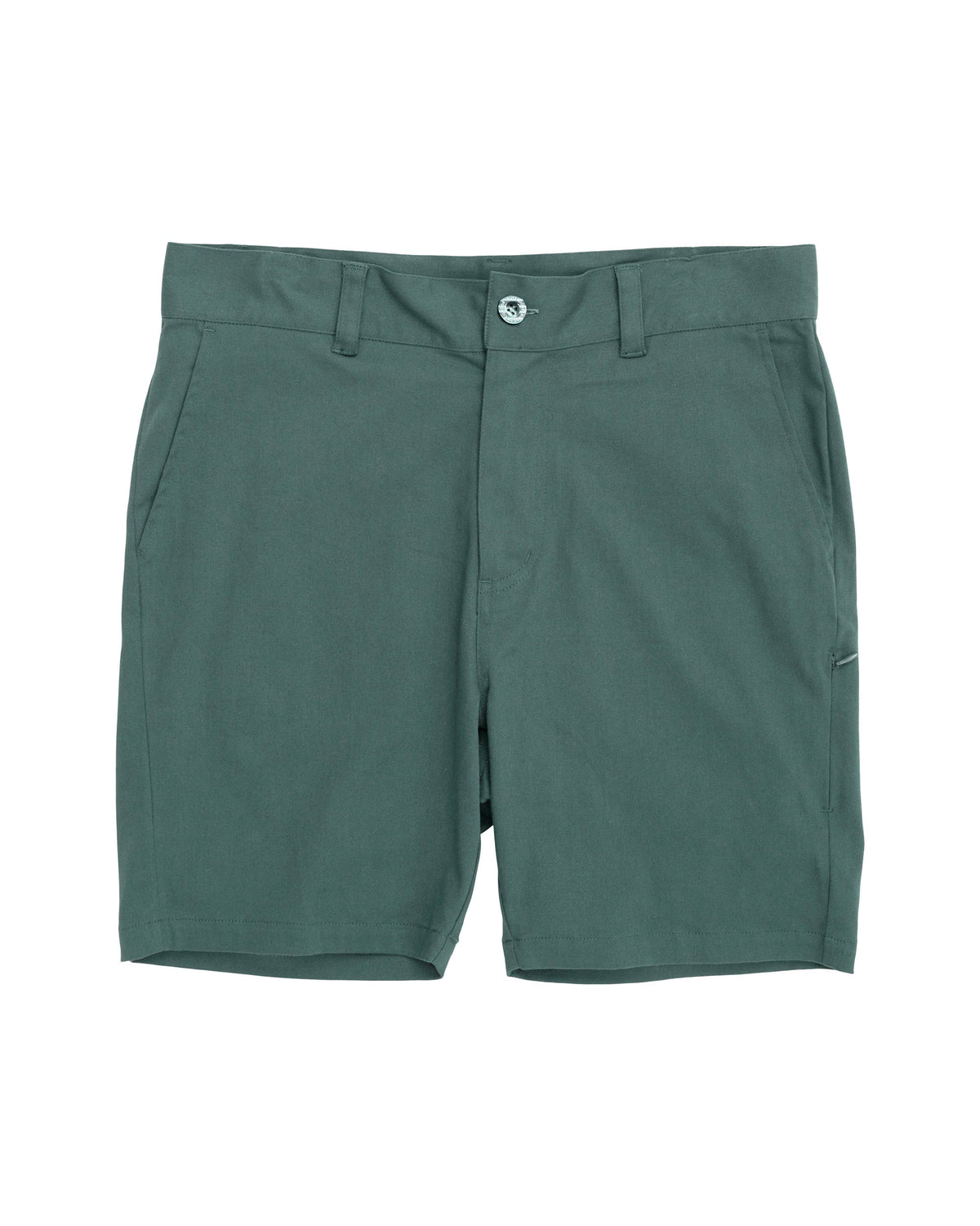 Khaki green shorts with a fixed waistband, belt loops, front pockets, and a front button closure.