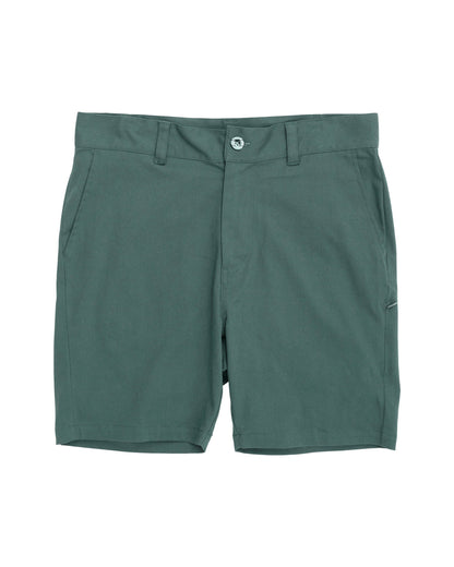 Khaki green shorts with a fixed waistband, belt loops, front pockets, and a front button closure.