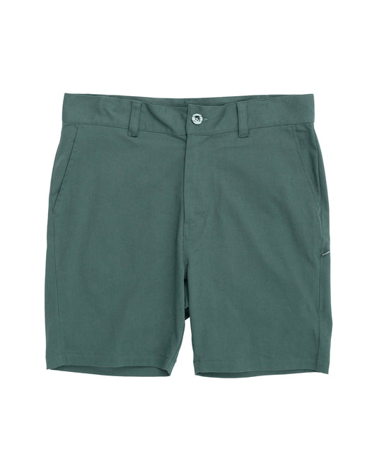 Khaki green shorts with a fixed waistband, belt loops, front pockets, and a front button closure.