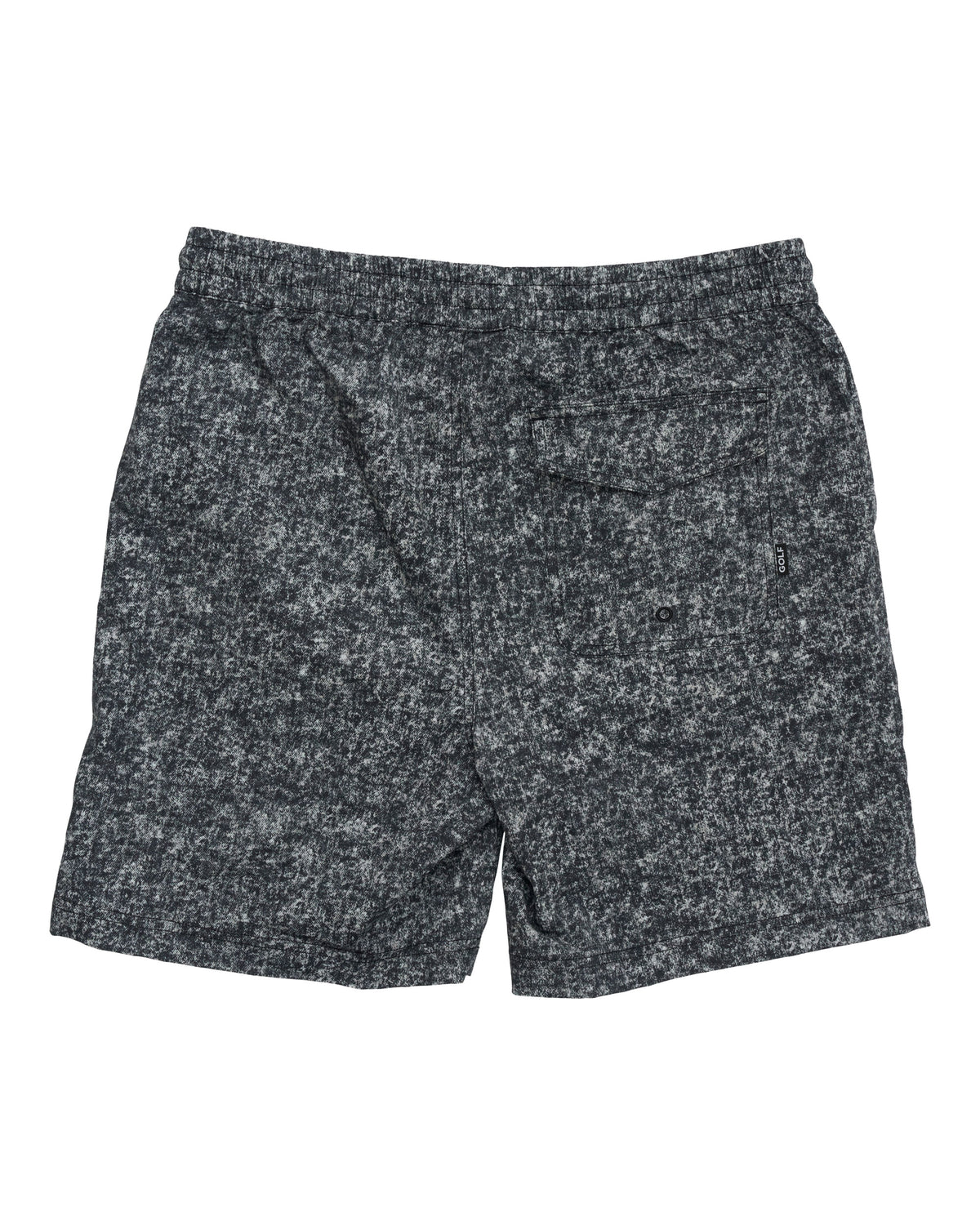 Back of denimblack shorts with a speckled acid print finish, elastic waistband and a single back pocket.