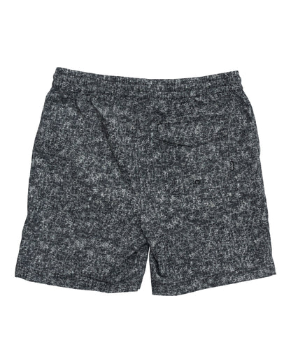 Back of denimblack shorts with a speckled acid print finish, elastic waistband and a single back pocket.