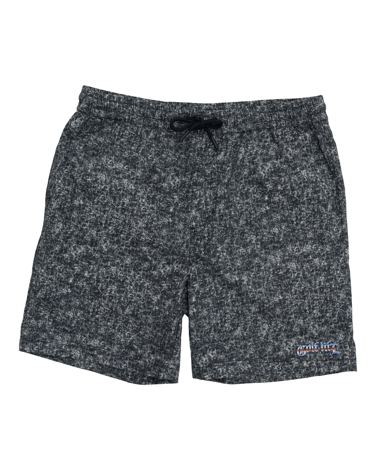 Denimblack shorts with an elastic drawstring waist and a Golf Life logo on the lower left leg.