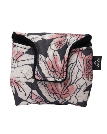 Azalea print mallet putter cover in dark grey with a magnetic closure and black velvet lining.