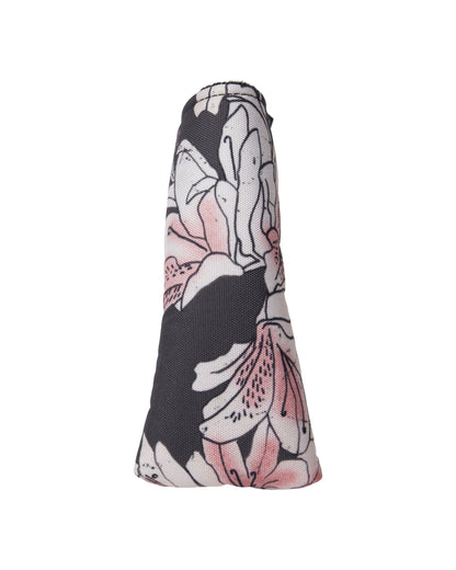Front of an azalea blade headcover featuring an all-over pink and white floral graphic on a dark background.