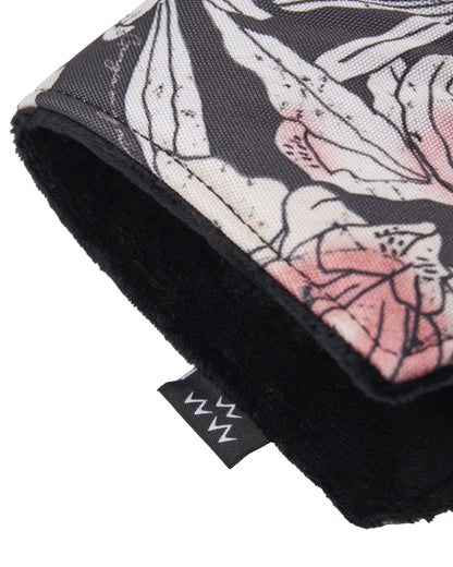 Detail of an azalea blade putter headcover with pink floral print and black velvet inner lining.