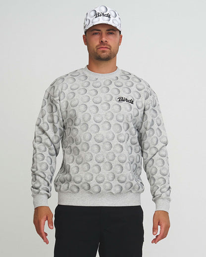 A man wearing a gray crew neck sweater featuring an all-over golf ball graphic and a script Birds logo.