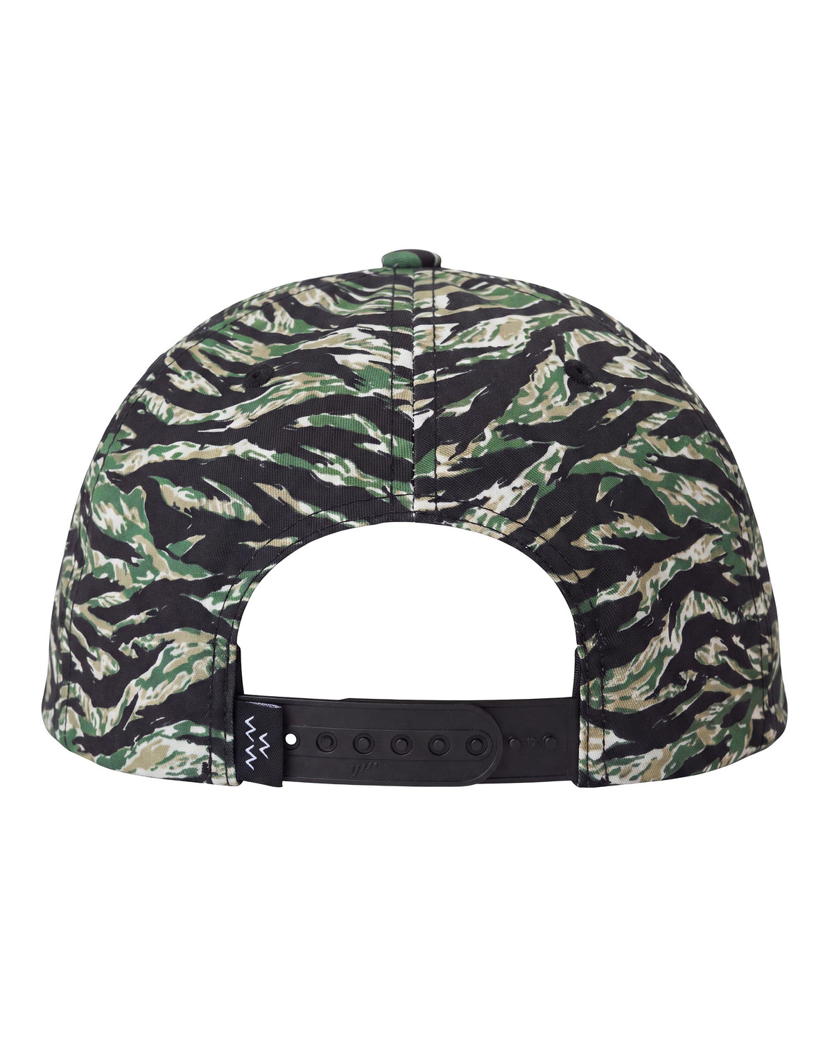Rear view of a baseball cap featuring a green, black, and beige tiger stripe camouflage pattern, with a black adjustable snapback strap.