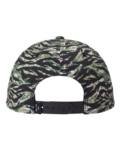 Rear view of a baseball cap featuring a green, black, and beige tiger stripe camouflage pattern, with a black adjustable snapback strap.