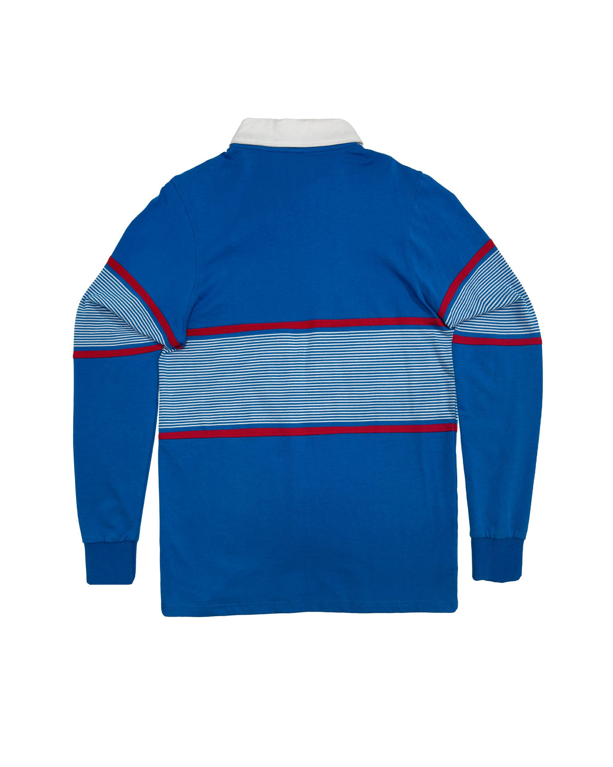 Back of a blue sweater featuring a wide white-striped chest panel bordered by thin red stripes.