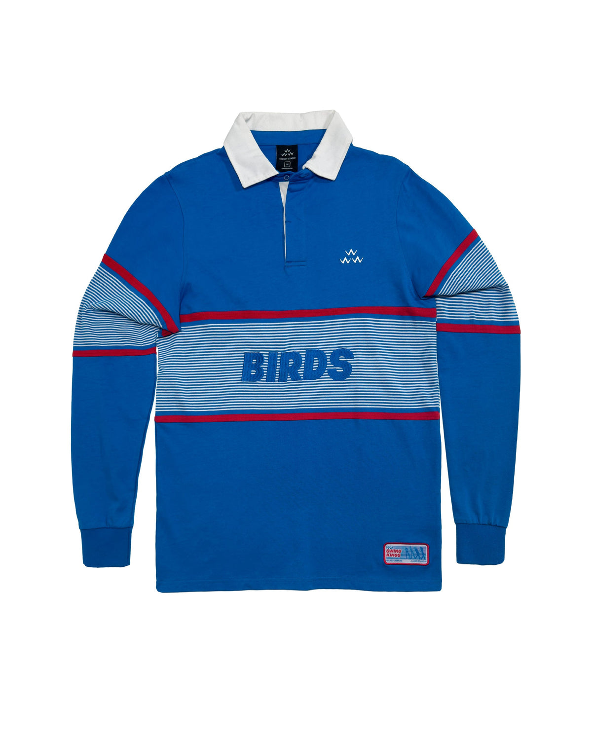 Blue cotton sweater with white collar, striped midsection, embroidered chest logo, and placket.