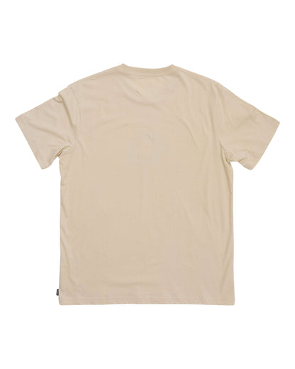 Back of a natural organic cotton t-shirt with short sleeves and a plain crew neck.