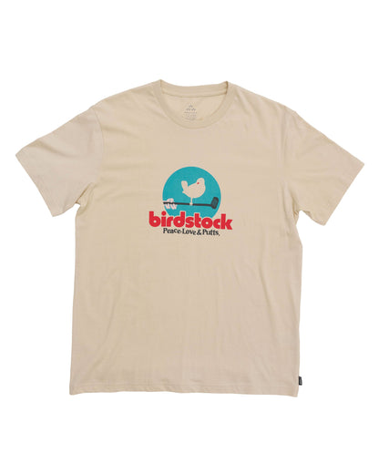 Natural organic cotton t-shirt featuring a blue circle motif with a bird on a golf club and red text.