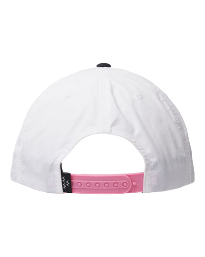 Back of a white 5-panel snapback cap featuring a contrast pink adjustable strap and a black top button.