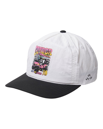 A white 5-panel snapback with a pink and yellow golf cart graphic, a black brim, and a contrast pink snap.