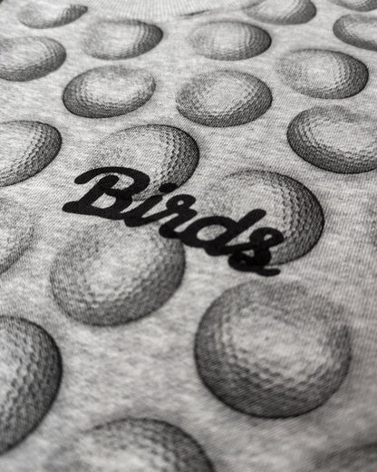 Detail of a gray sweater featuring an all-over print of golf balls and a black script logo.