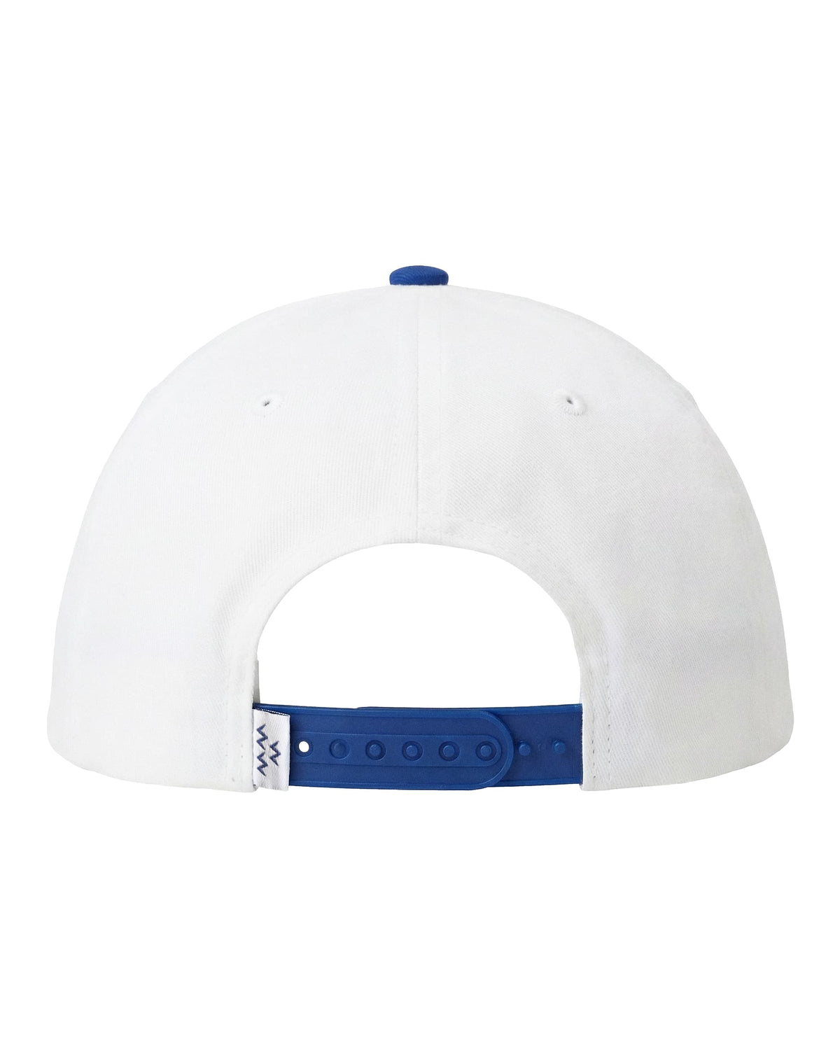 Back of a white organic cotton twill snapback with a blue adjustable strap, blue top button and woven tag.