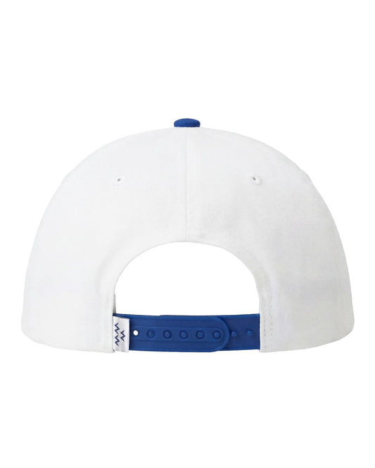 Back of a white organic cotton twill snapback with a blue adjustable strap, blue top button and woven tag.