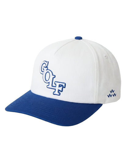White and blue cap with 'GOLF' text on a white background