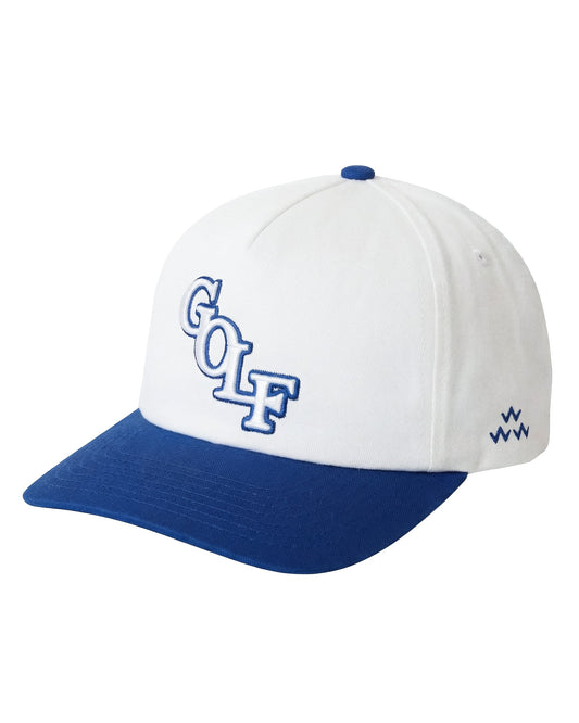 White and blue cap with 'GOLF' text on a white background