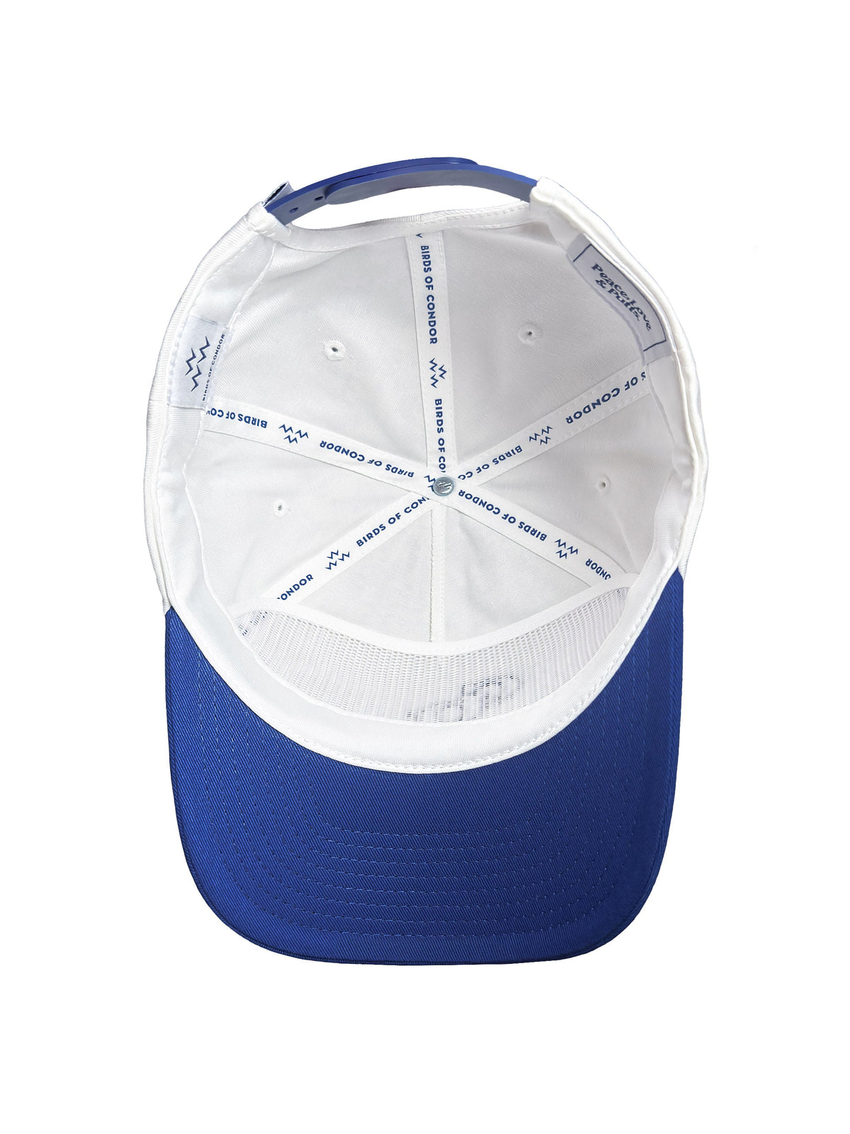 Blue and white cap with brand logo on a white background