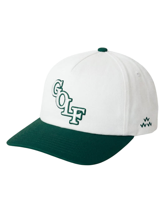 White and green cap with 'GOLF' logo on a white background