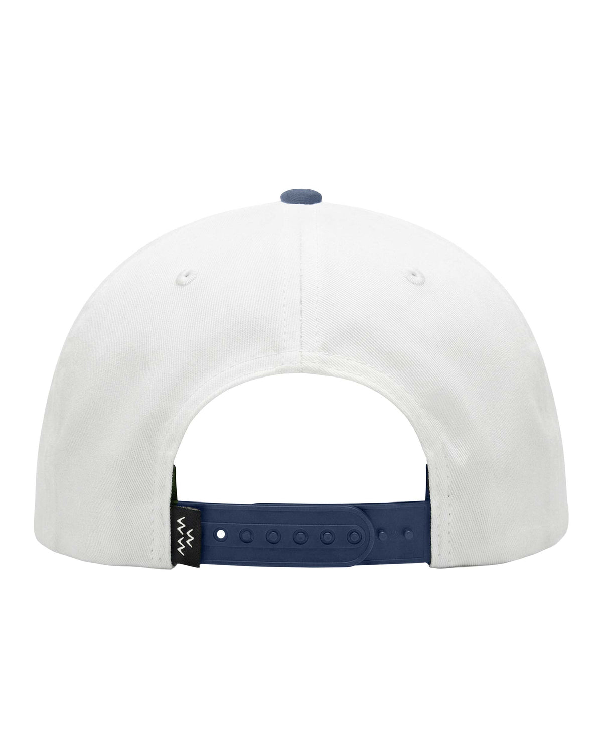 Back of a white snapback with a navy strap, navy top button, and a small black tag with white zigzag graphics.