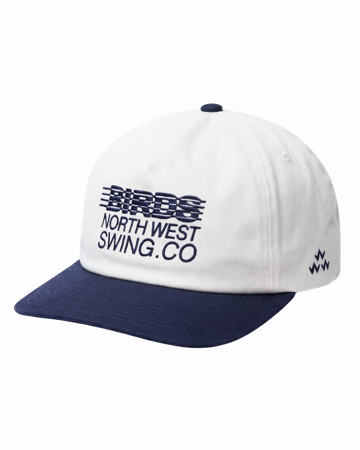 Front of a white cotton snapback with a navy brim, navy top button, and navy typography front embroidery.