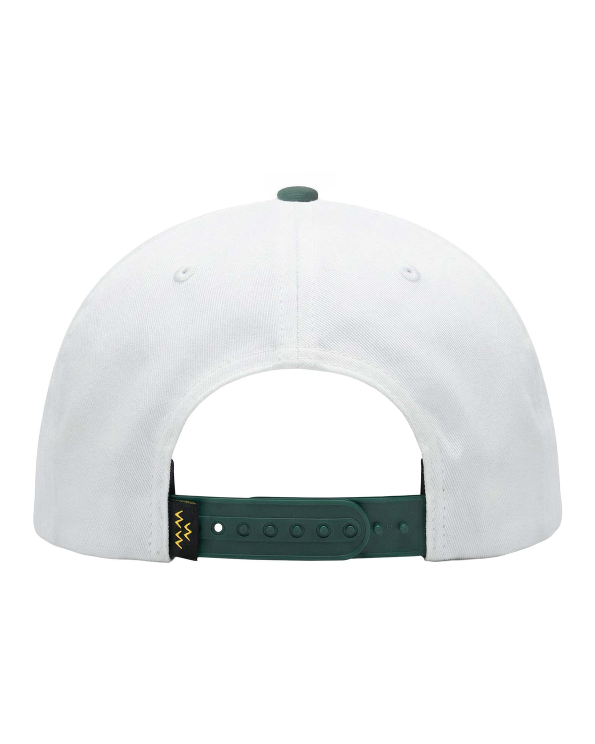 Back of a white and green snapback cap with an adjustable strap and small black tag.
