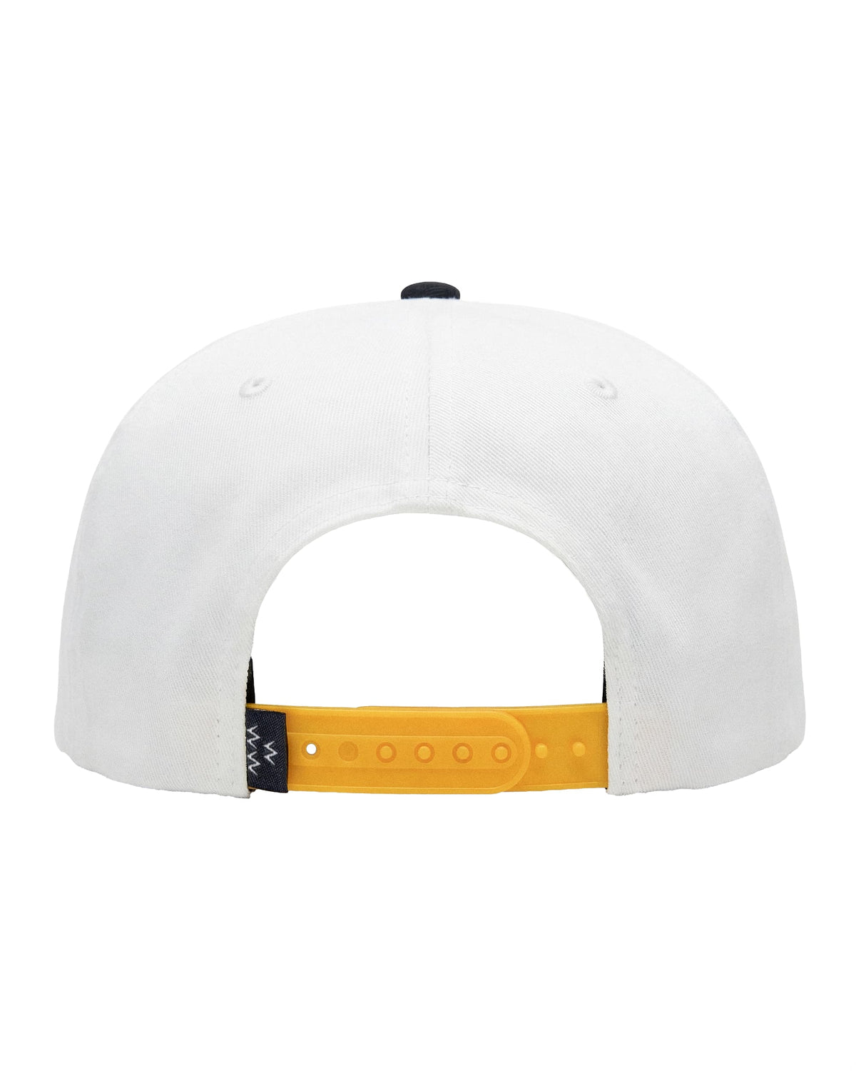 Back of a white snapback hat with a yellow adjustable strap, navy top button, and a black tag.