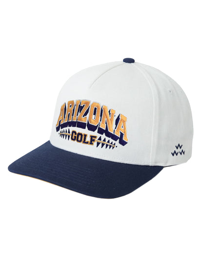 White snapback cap featuring a navy brim, yellow under brim, and an Arizona Golf text logo.
