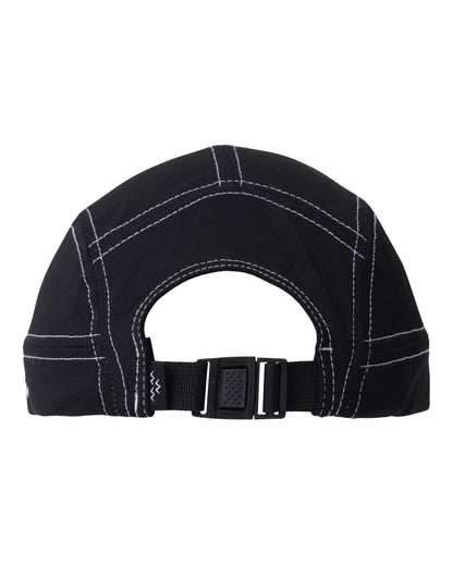 Back of a black sports cap featuring white contrast stitching, panel seams, and an adjustable strap.
