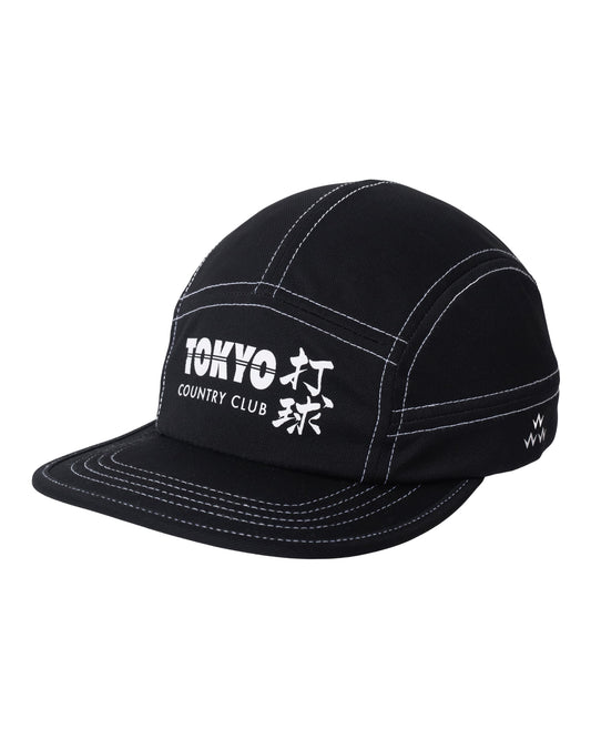 Front of a black sports cap with white contrast stitching and a printed front Tokyo Country Club graphic.