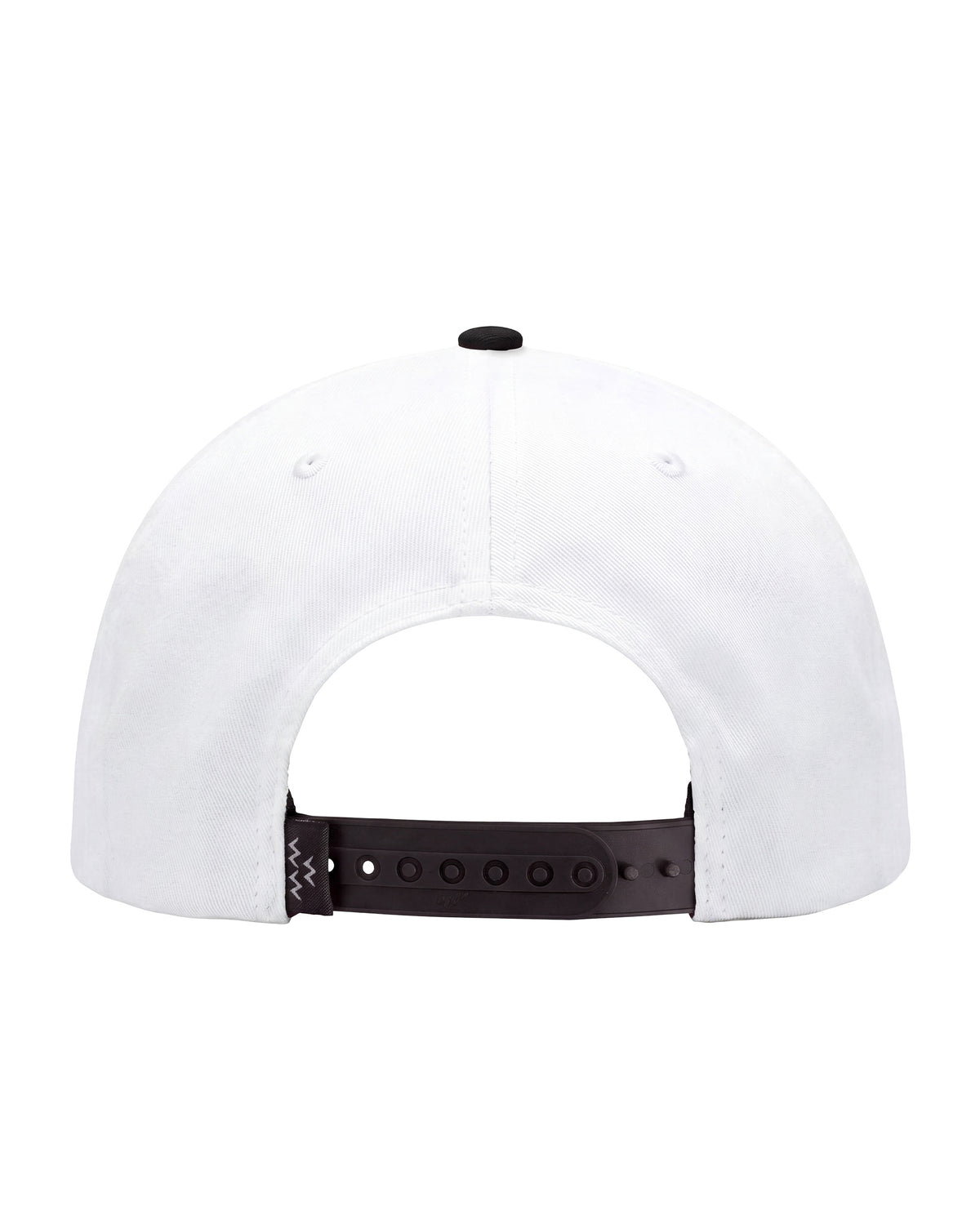White snapback cap with a black adjustable strap and top button, shown in a back view.