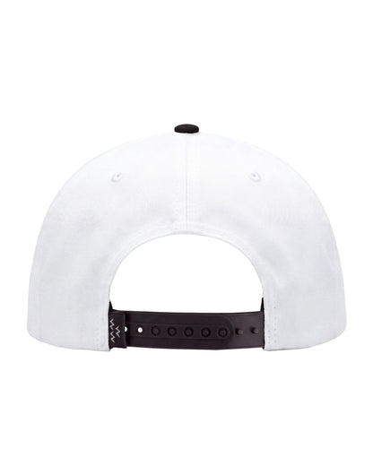 White snapback cap with a black adjustable strap and top button, shown in a back view.