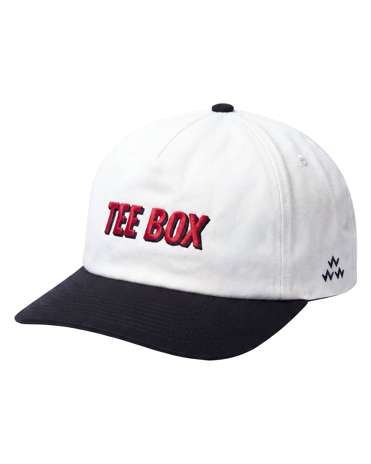 White snapback cap with black brim, red embroidered TEE BOX text on the front, in a front view.