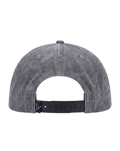 Black denim snapback hat in back view, showing its adjustable strap and small logo tag.