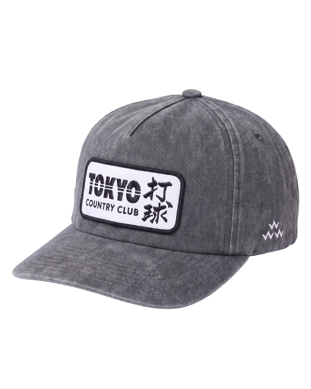 Black denim cap featuring a white rectangular front patch with black Tokyo Country Club typography.