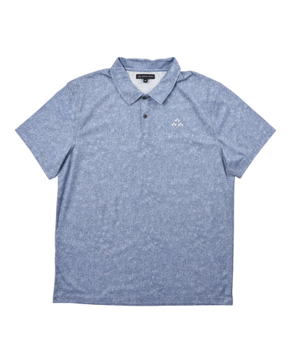 Front of a blue acid print polo shirt with a white triple eagle logo on the chest and dark buttons.