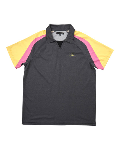 Black polo shirt with yellow and pink stripes on sleeves, V-neck collar, and a triple eagle logo.