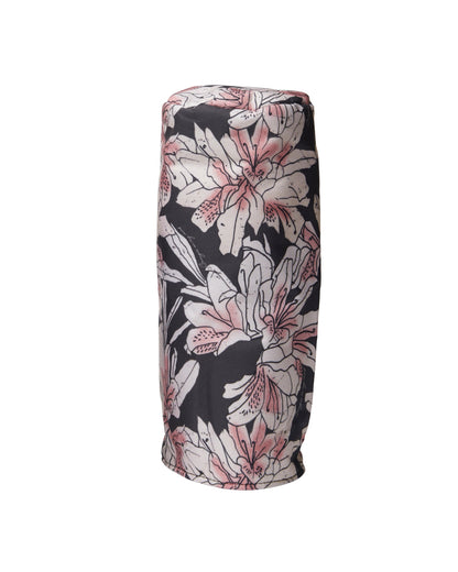 An azalea headcover in black featuring an all-over floral print with pale pink and white flower graphics.