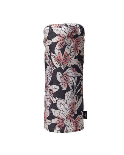 Azalea headcover featuring an all-over black and pink floral print with a small black side tag.